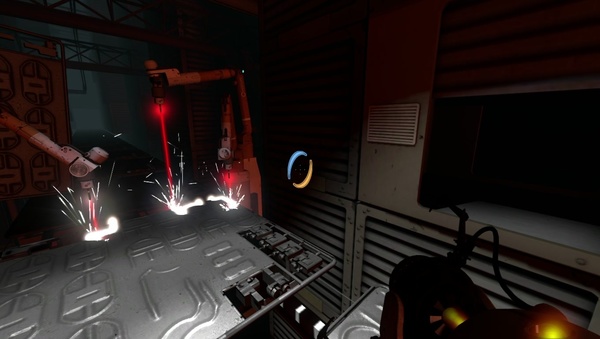 Portal 2 : Weichen Sie den Lasern aus, während das Band weiter läuft.