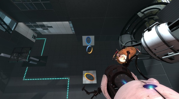 Portal 2 : Sobald Sie vom Energiefeld an die Decke transportiert wurden, sollten Sie ein Portal auf die Schräge schießen.