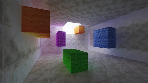 Grâce à Path Tracing, la lumière se reflète de manière réaliste dans la couleur des cubes sur les murs.