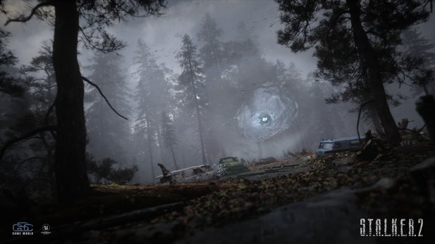 Stalker 2: The first picture shows a dark forest and a huge anomaly.